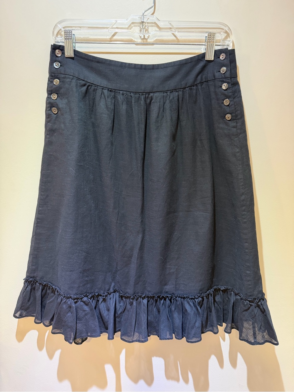 J.CREW Black Cotton Linen Sailor Button A-Line Knee Skirt Ruffle Hem Size 6